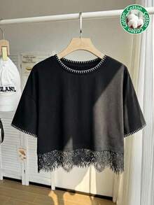 Comfortcana Loose Fit Plus Size Women's T-Shirt With Shell Embroidery, Black Short Sleeve Round Neck Lace Hem - Black - View 6