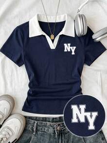 Attitoon Casual Minimalist Style College NY Letter Placement Print Polo Neck T-Shirt, Navy Blue, Versatile For Spring/Summer - Multicolor - View 6