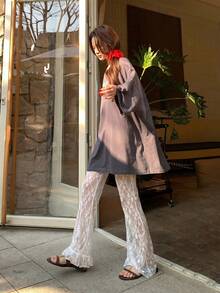 DAZY Women's Niche Lace Patchwork Design Flared Leg Pants - White - View 2