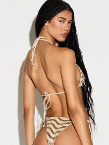 KIZN Conjunto de bikini con triángulo a rayas de onda de lentejuelas, con cuello de halter y Bottom con lazos, traje de baño de playa de verano - Amarillo - Ver 3