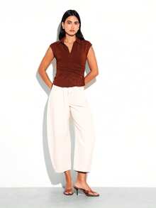 KSTM Sleeveless Knitted Polo Top With Buttoned Placket And Ribbed Waistband Detail Casual Fitted Tank - Brown - View 5