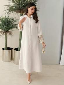 Al Najma Women's Floral Embroidered Mesh Patchwork Arabic Style Dress - Apricot - View 4