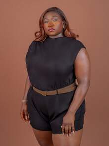 CurvyTilda PLUS SIZE WOMEN BATWING SLEEVE SOLID POCKET ROMPER WITH BELT, For Hourglass Body Shape - Black - View 3
