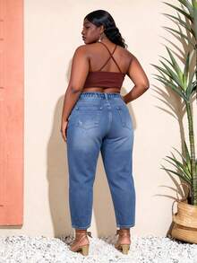 CurvyTilda 大码女装时尚休闲水洗紧身牛仔裤高腰妈妈牛仔裤，适合沙漏型身材 - 藍色 - 查看 2