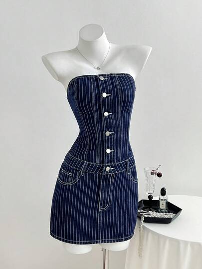 Elamini Women's Casual Striped Strapless Waist-Cinched Washed Denim Dress, Summer