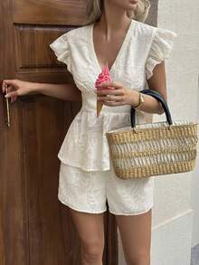 Lucivie Women's Elegant White Summer Tea Party Short Set,Lace Texture V Neck Flutter Sleeve Peplum Top And Shorts,Casual Vacation Ready Beach Resort Outfits - Apricot - View 14
