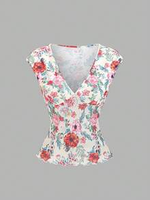 Sweetra Women's Spring/Summer Floral Print Elegant Retro V-Neck Floral Blouse, Cinched Waist Slimming Graceful Short Sleeve Top, Beach Casual Holiday Style - Apricot - View 1