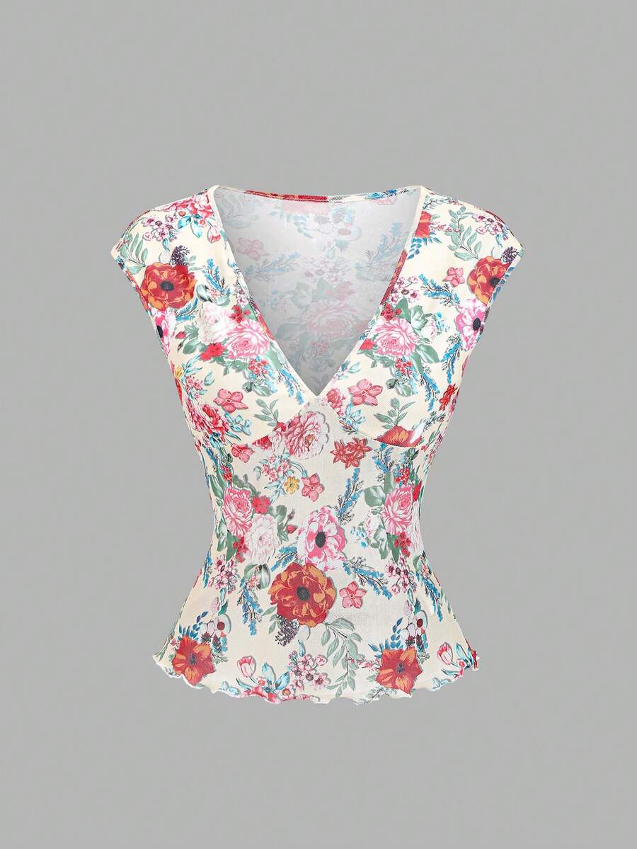 Sweetra Women's Spring/Summer Floral Print Elegant Retro V-Neck Floral Blouse, Cinched Waist Slimming Graceful Short Sleeve Top, Beach Casual Holiday Style - Apricot - View 1