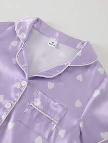 SHEIN Playful Pals 女童蝴蝶结爱心印花翻领仿丝短裤套装，家居服 - 彩色 - 查看 9
