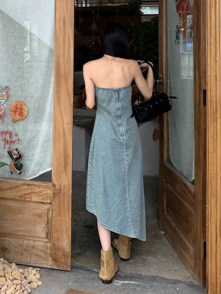Women's Casual Washed Denim Tube Dress For Summer