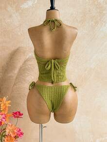 Soleia Women's Solid Color Halter Tie Bikini Set, Summer Beach - Green - View 2