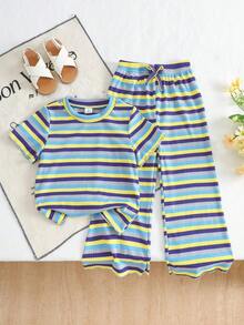 Elladie kids Young Girls Colorful Textured Striped T-Shirt & Flare Pants 2-Piece Set,Knitted Short Sleeve Round Neck Top,Casual Summer Wear,Family Matching - Multicolor - View 3