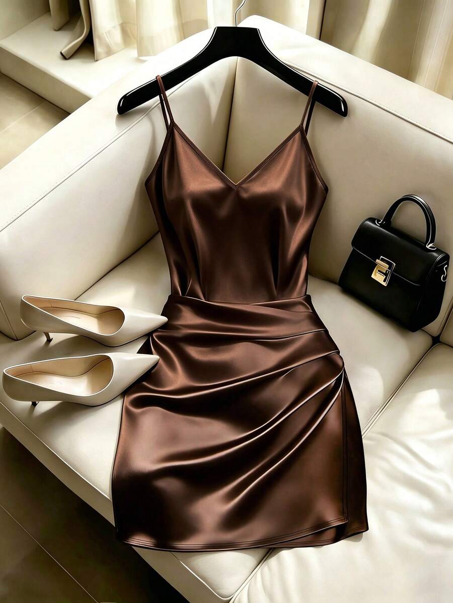 SHEIN Franclia Đầm ôm sát không tay xếp ly cao cấp thời trang, đầm xuân/hè dành cho nữ, thích hợp cho kỳ nghỉ, đi chơi, phong cách Y2K, xuân hè, tựu trường, thường ngày, đi biển, công sở, đa năng, đầm màu nâu dành cho nữ. - màu nâu - Xem 1