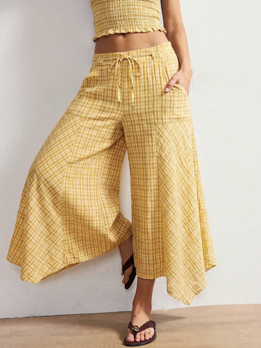 Bohemela Women's Woven Plaid Pants, Spring/Summer - Yellow - View 1
