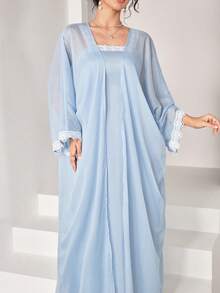 Al Najma Đầm hai dây ren thanh lịch ôm eo, phối cùng áo khoác cardigan mở phía trước, thích hợp cho mùa xuân/hè. - Màu xanh lam - Xem 4