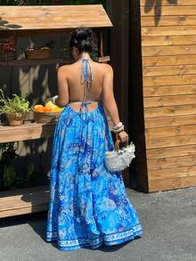 Sunnyshic Plus Size Women Casual Halter Neck Cashew Print Dress - Royal Blue - View 2