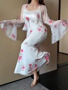 Vibekara Plus Size Women Floral Print Camisole Dress And Bell Sleeve Cardigan Casual Outfit - Pink - View 4