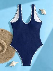 Bonvoyette Swim Swim Lushoire 紋理橘色一件式泳衣，附貝殼裝飾與對比飾邊，適合夏季海灘 - 藏蓝色 - 查看 2