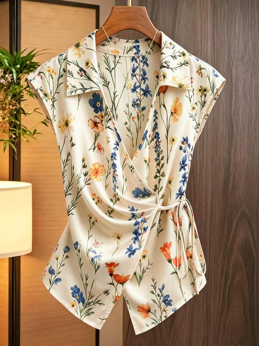 GlowEve Wild Flower Print Collared Sleeveless Wrap-Around Tie-Waist Women Shirt - Multicolor - View 1