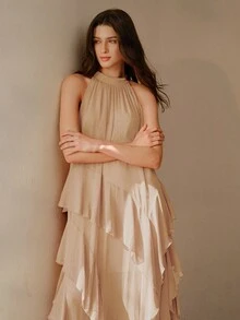 MOTF PREMIUM VESTIDO DE PLAYA FLUIDO Y LUJOSO CON CUELLO HALTER, VESTIDO DE DIOSA ELEGANTE PARA EL VERANO - Albaricoque - Ver 5