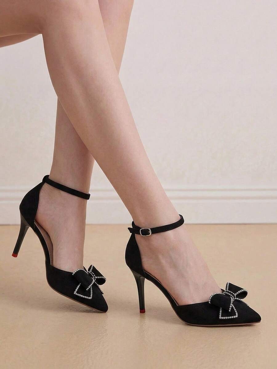 Eladyva Women's Spring Fashion Rhinestone Bow Pointed Toe High Heels, 9cm Chunky Heel Design, Comfortable & Sexy, Elegant Wedding Party Shoes, Non-Slip Rubber Sole,Elegant - Black - View 1