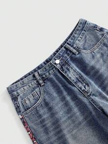ROMWE MEN Pantalones cortos de mezclilla con bordado floral para hombres, corte holgado - Neblina azul - Ver 4