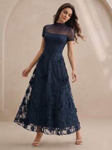 Anewsta Summer New Elegant Mesh 3D Floral A-Line Midi Skirt, Suitable For Daily Wear, Vacation, Dates - Blue - View 4