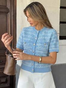 SHEIN Button Front Tweed Looking Chick Elegant Sweater Knit Top - Baby Blue - View 5