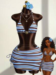 Zestiva Bộ bikini 3 mảnh dành cho nữ, họa tiết sọc retro, kiểu dáng tam giác buộc dây, đồ bơi đi biển tối giản, thanh lịch và gợi cảm cho mùa hè, kỳ nghỉ và tiệc tùng. - Nhiều màu - Xem 1