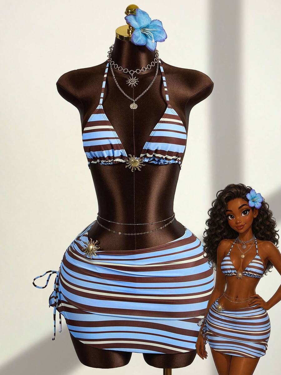 Zestiva Bộ bikini 3 mảnh dành cho nữ, họa tiết sọc retro, kiểu dáng tam giác buộc dây, đồ bơi đi biển tối giản, thanh lịch và gợi cảm cho mùa hè, kỳ nghỉ và tiệc tùng. - Nhiều màu - Xem 1