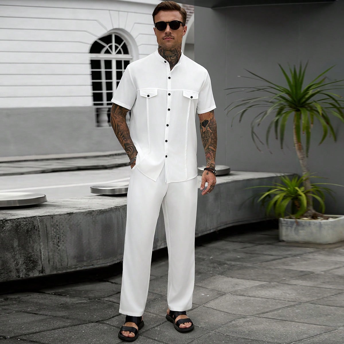Conjunto de camisa blanca casual y pantalones para vacaciones para hombres