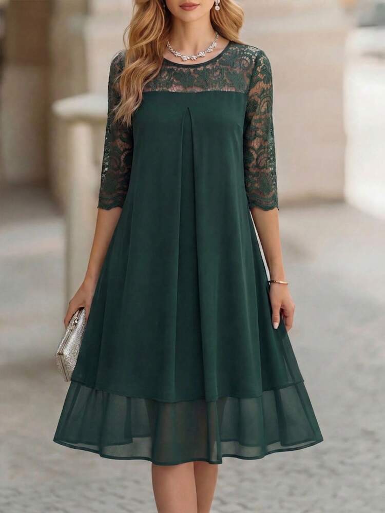 Women's Contrast Lace Round Neck Short Sleeve Midi Dress,Summer Dress, Party Dress, Elegant Dresses For Ladies,Green Dress