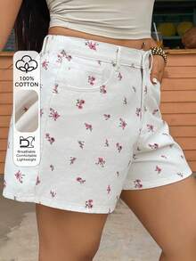Dazy Plus Quần short nữ cỡ lớn họa tiết hoa nhí, gấu quần tua rua, kiểu dáng thường ngày, thích hợp đi biển mùa hè. - trắng - Xem 1
