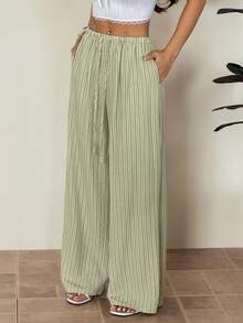 SHEIN PETITE Quần ống rộng kẻ sọc dáng suông, cạp chun, thích hợp cho nữ, đi nghỉ mát và đi làm, mùa xuân/hè. - Xanh lá cây Mù sương - Xem 4