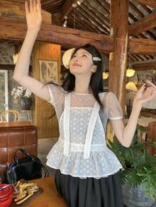DAZY 女士蕾丝休闲系带吊带背心，韩版，春夏款 - 白色 - 查看 1