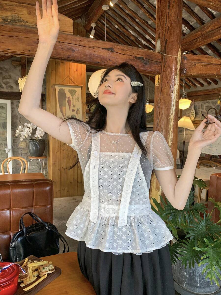 DAZY 女士蕾丝休闲系带吊带背心,韩版,春夏款 - 白色 - 查看 1