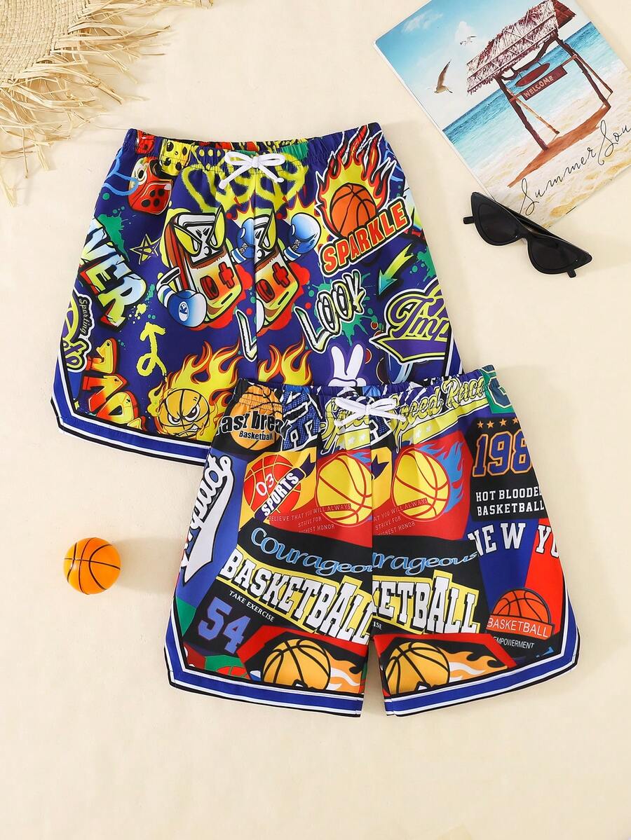 SHEIN Tween Boys' Casual Loose Printed Beach Shorts, Suitable For Summer, Beach, Outdoor, Swimming, Vacation - Multicolor - View 1