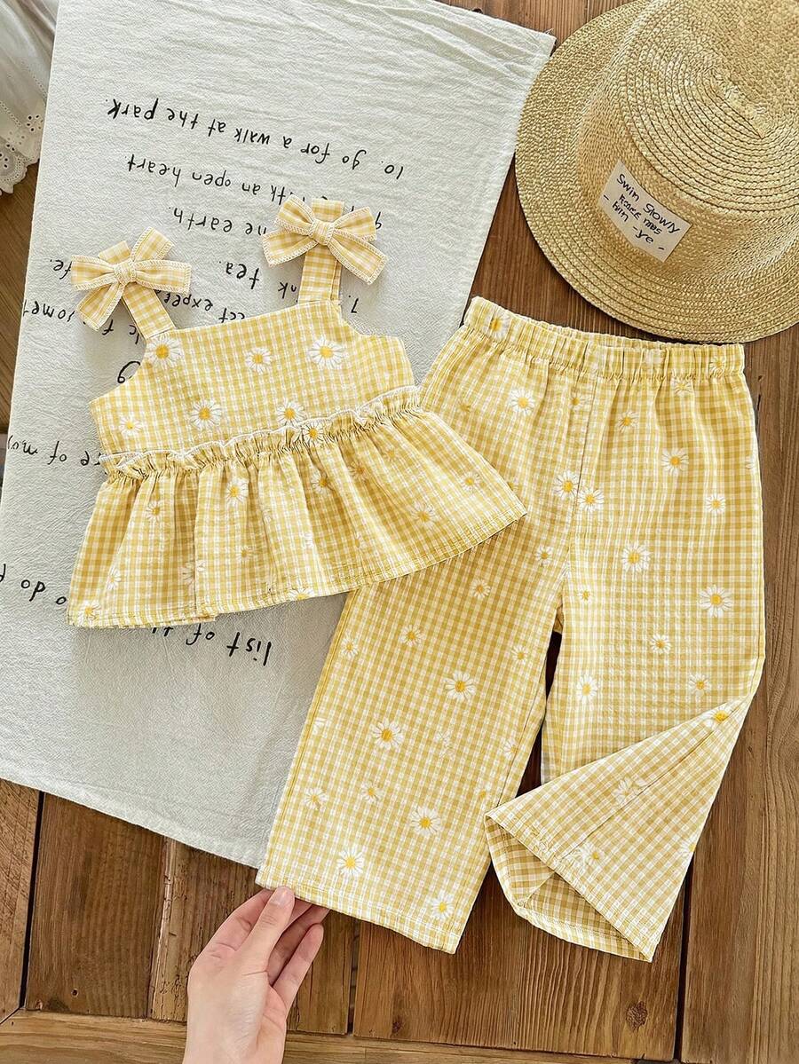 SHEIN LMoss Kids LMoss Baby Girls Summer Cute Striped Camisole And Elastic Waist Pants 2 Pieces Set - Multicolor - View 1
