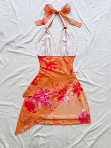 Soleia Đầm ngắn gợi cảm kiểu vintage ombre cổ chữ V buộc dây bằng vải lưới xếp ly bất đối xứng, thích hợp cho kỳ nghỉ của phụ nữ. - trái cam - Xem 2