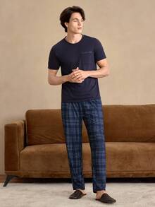 EverLounge 男士純色短袖上衣與格紋長褲家居服套裝 - 藏蓝色 - 查看 4