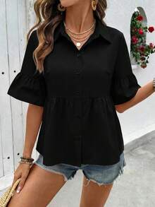 SHEIN Holidaya Áo sơ mi nữ cổ trắng mùa hè mới, họa tiết hoa anh đào khắp thân áo, tay áo loe xếp ly, dáng rộng thoải mái, tôn dáng, thích hợp cho đi làm, đi nghỉ mát và các hoạt động ngoài trời. - màu đen - Xem 4