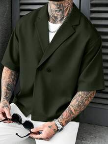 SLATEMANN 男士素色短袖休閒雙排扣襯衫，正式款 - 墨綠色 - 查看 3