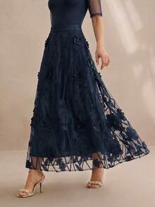 Anewsta Summer New Elegant Mesh 3D Floral A-Line Midi Skirt, Suitable For Daily Wear, Vacation, Dates - Blue - View 6