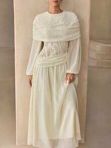 Graceveil Elegant Embroidered Chiffon Lantern Sleeve Swing Dress - Apricot - View 4