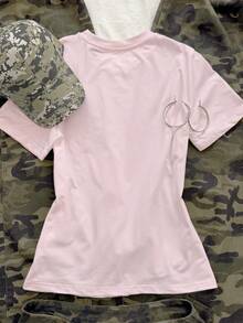 SHEIN EZwear Áo thun nữ cổ tròn tay ngắn in họa tiết chữ thường ngày - Hồng - Xem 2