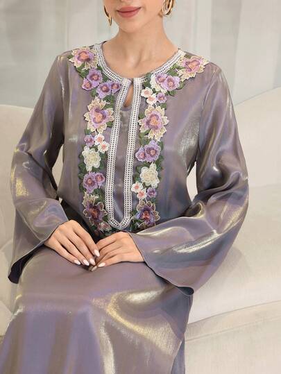 Yasmyna 女士优雅长袖连衣裙，饰有精美贴花