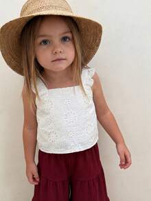 Emery Rose Kids Emery Rose Kids 2件套少女纯色梭织方领荷叶边休闲吊带背心和长裤套装 - 紅色 - 查看 5