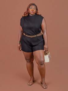 CurvyTilda PLUS SIZE WOMEN BATWING SLEEVE SOLID POCKET ROMPER WITH BELT, For Hourglass Body Shape - Black - View 4