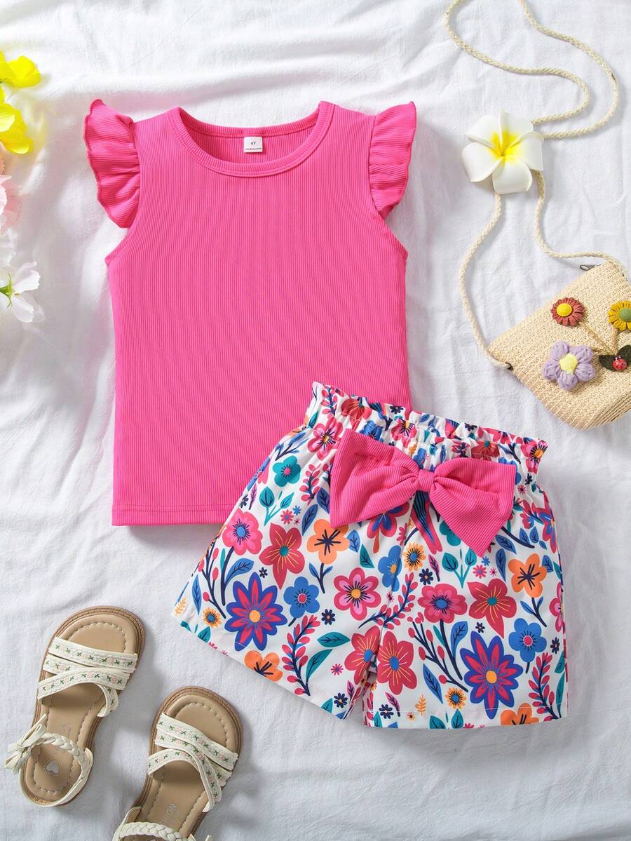 SHEIN Elladie kids 女童2件套,粉色針織圓領荷葉袖上衣搭配碎花蝴蝶結裝飾短褲,4-7歲夏季家庭度假穿搭 - 玫紅色 - 查看 1