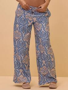 Musera Resort Pantalones de playa elegantes con estampado de paisley de sensación de lino con nudo delantero para vacaciones de verano, días de playa bohemios y mediterráneos, Thalassa - Azul - Ver 5